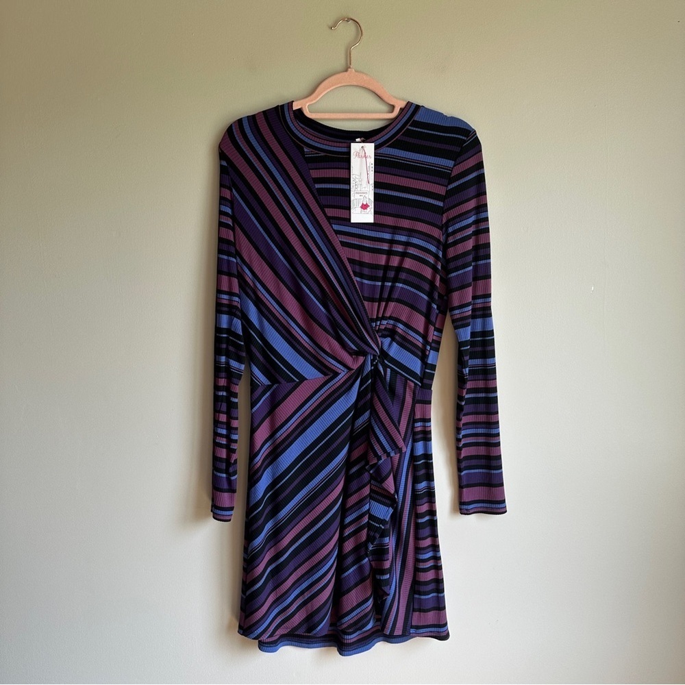 NWT Parker Purple Blue Striped Long Sleeve Ribbed Fitted Dress Small